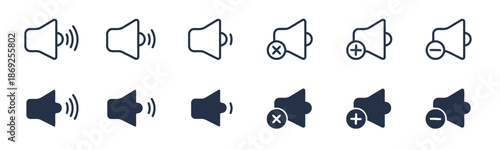 Set of Vector Speaker Icons in Two Different Styles Sound Audio Volume Multimedia Music Voice Broadcast Media Playback Announcement 200 Characters