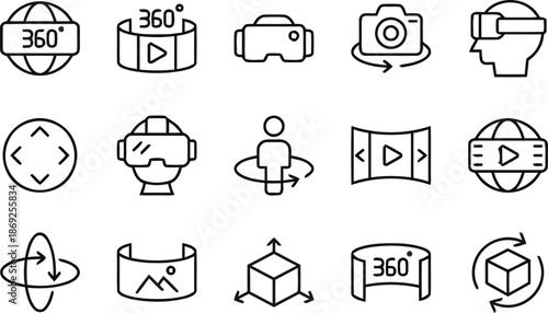 Set of Virtual Reality and 360 Degree Icon Illustration in Minimalist Style