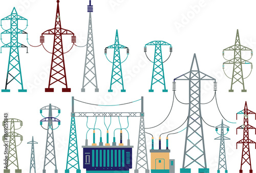 Electric power transmission towers and substation equipment flat vector illustration, energy infrastructure collection for electricity grid engineering design
