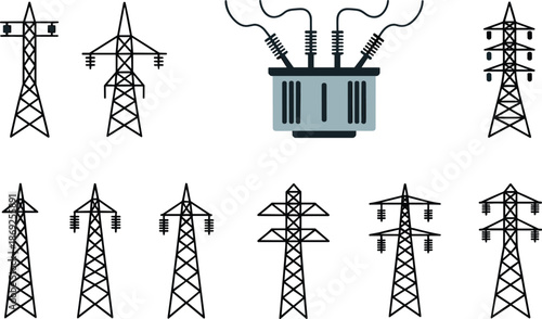 Electric power transmission towers and substation equipment flat vector illustration, energy infrastructure collection for electricity grid engineering design