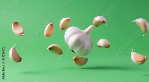 Fresh Garlic Bulb and Cloves Levitating on a Vibrant Green Background, Essential Ingredient for Healthy Cooking and Flavor