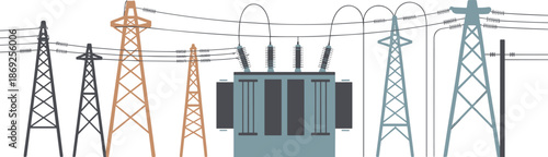 Electrical power grid infrastructure illustration, high voltage transmission towers, substation transformer, energy distribution network concept for modern utility industry design