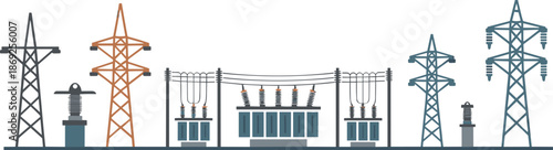Electrical power grid infrastructure illustration, high voltage transmission towers, substation transformer, energy distribution network concept for modern utility industry design