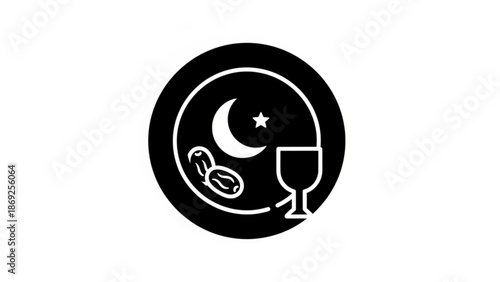 Ramadan Icon with Crescent Moon, Star, Dates and and Wine Glass in Circle, Isolated on White, Simple Line Art