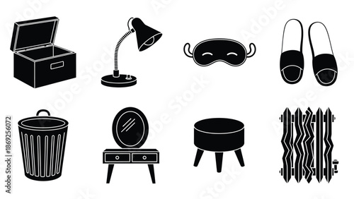 A collection of black and white icons for bedroom and bathroom essentials