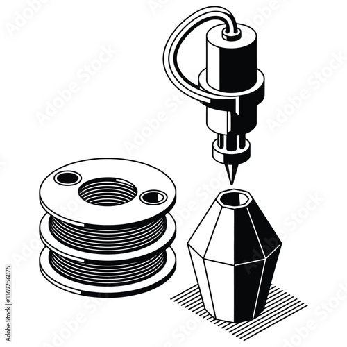 3d printer creating design, future of technology with filament and innovation, automated machine and modern development with new object