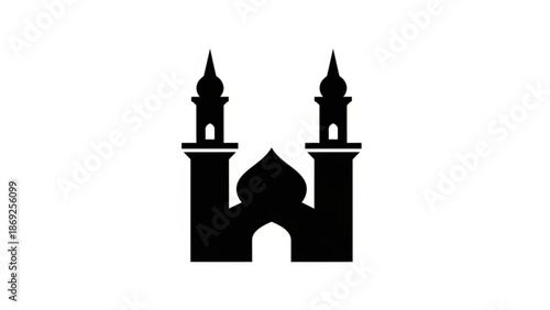 Mosque Silhouette with Twin Minarets Isolated on White Background