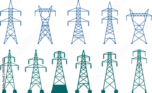 Electricity transmission tower icons set, power line pylons collection, energy infrastructure illustration, electric grid symbols, utility network design