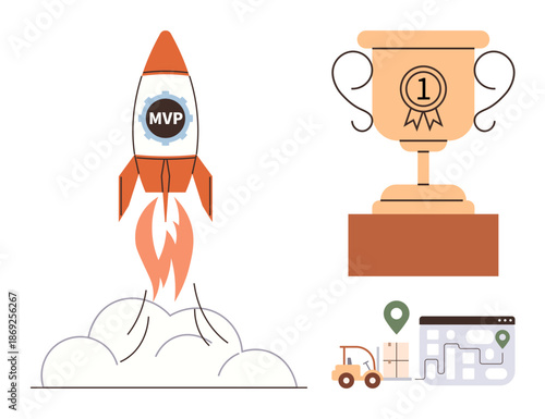 Business growth, achievement, innovation, logistics, delivery, startup success. Rocket launching with MVP logo, trophy with badge and delivery map with truck. Business growth and achievement concept