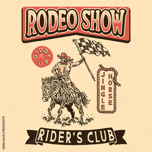 rodeo illustration rider graphic cowboy design skull badge western vintage horse