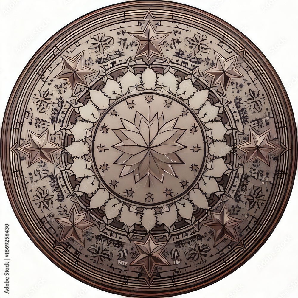 Fototapeta premium Ornate bronze disc with stars and floral patterns