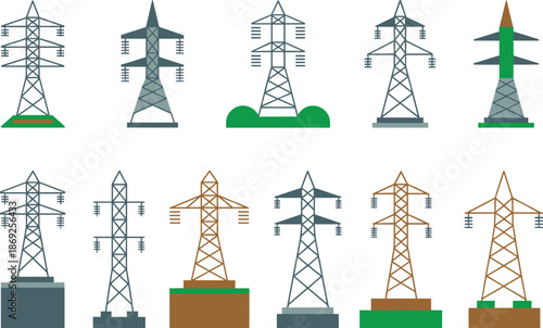 Electricity transmission tower icons set, power line pylons collection, energy infrastructure illustration, electric grid symbols, utility network design