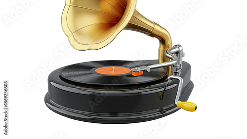 Vintage Gramophone with Golden Horn and Vinyl Record