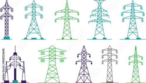 Electricity transmission tower icons set, power line pylons collection, energy infrastructure illustration, electric grid symbols, utility network design