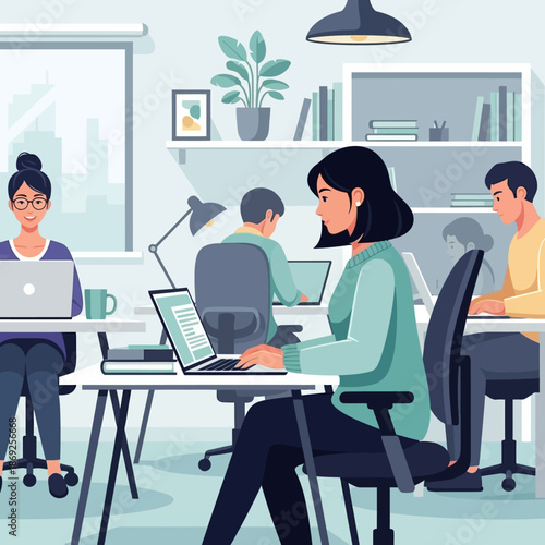 Diverse group of professionals collaborating in a modern office environment.