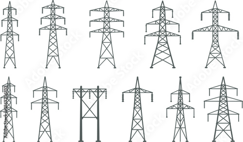 Electricity transmission tower icons set, power line pylons collection, energy infrastructure illustration, electric grid symbols, utility network design