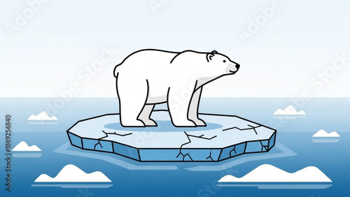 Polar Bear Standing on Melting Iceberg in Arctic Ocean, Climate Change Illustration
