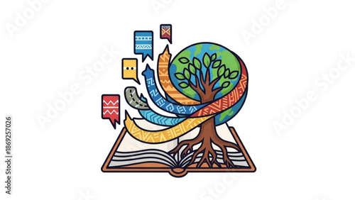 Tree Growing from Open Book with Colorful Pages and Flying Bookmarks Symbolizing Knowledge and Education