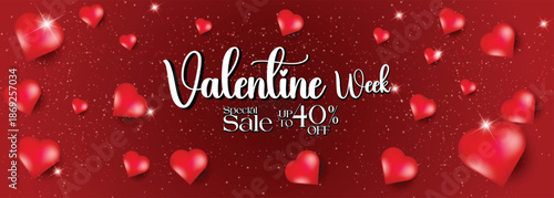 Valentine week super sale template with heart symbol wallpaper, can be used in advertisement, promotion, love week sale poster design, discount announcement, online selling market flyer, vector