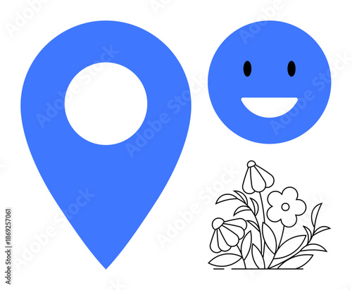 Navigation, emotions, nature, map services, online communication, location tracking. Blue map pin and happy face next to black floral design. Navigation and emotions concept