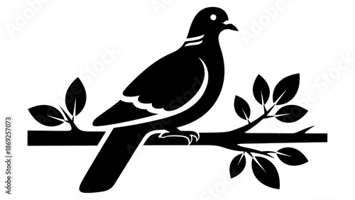 A black silhouette of a bird perched on a branch with leaves