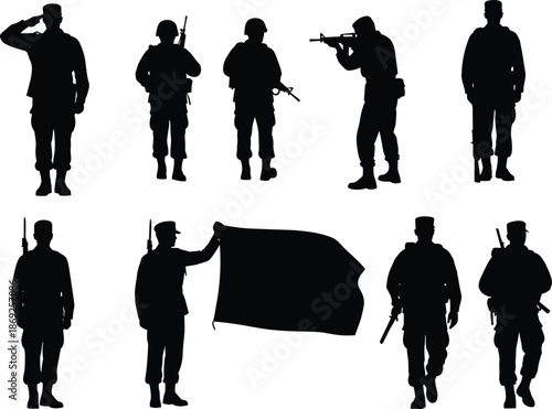 cad drawing flat vector illustration, soldier military silhouettes, saluting standing aiming flag walking icons, army occupation vector design, ceremonial stance sketch, defense training graphic art