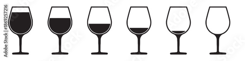 Set of Wine Glass Vector Icons with Liquid Level Stages of Consumption