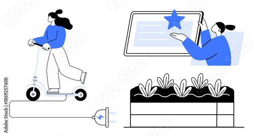 Sustainable living, green technology, renewable energy, urban transport, digital interaction, eco-conscious farming. Woman on an electric scooter, tablet with a star garden with plants. Sustainable