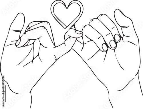 Line art of two hands making pinky promise gesture forming heart shape in center for love