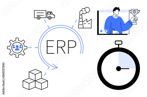 ERP system process with icons for manufacturing, logistics, inventory, and time management. Ideal for business automation, supply chain, workforce planning, efficiency, data integration