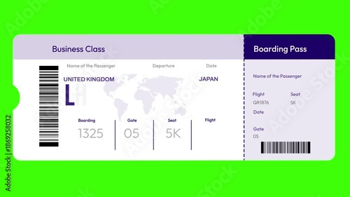 Business class boarding pass from Lhr to Hnd featuring flight details in realistic 4k animation for travel videos