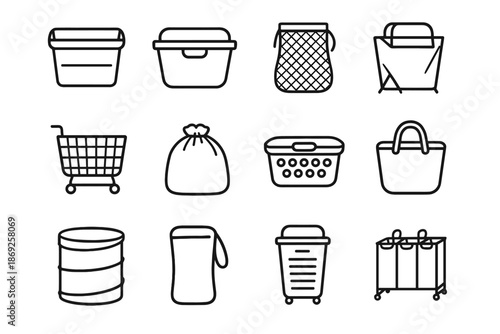 Basket plastic mesh bag laundry rolling icons vector hamper portable drawstring icon