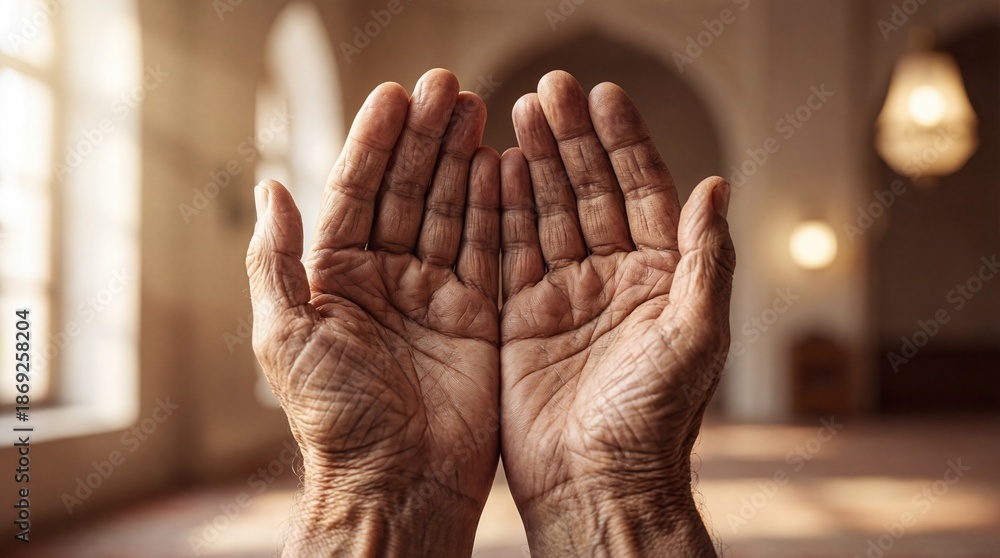 Fototapeta premium Close Up of Elderly Hands Praying Dua Supplication in Soft Morning Light Ramadan Faith Concept
