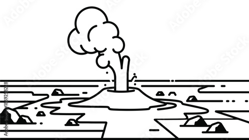 A cartoon illustration of a volcanic eruption in a desert landscape with rocky terrain