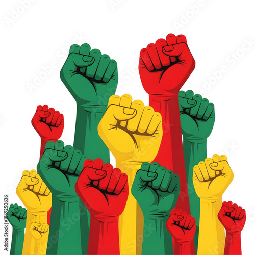 Raised fists in solidarity and protest with diverse hands