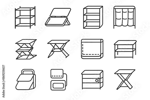 Collapsible rack foldable handle shelf shoe tier section vector slots marker icon