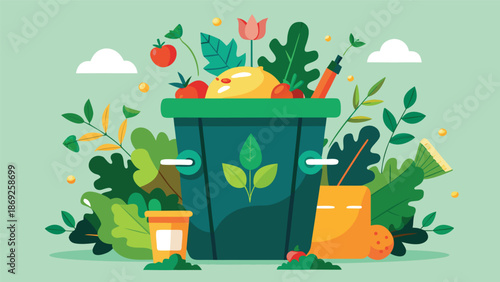 A green trash can filled with discarded vegetables and fruit, emphasizing food waste and recycling efforts