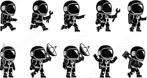 Moon explorers. Set of cartoon astronauts in a space suit. Monochrome vector illustration. Transparent background EPS version.