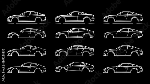 Detailed car line drawing & logo collection representing technical automotive illustration and vehicle design reference - Detailed Car Blueprint Collection.