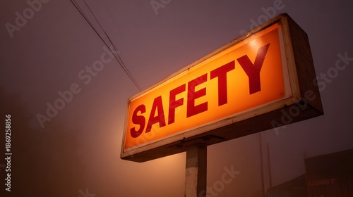 A vintage illuminated  Safety  sign glows brightly against a dark misty twilight sky evoking a sense of protection