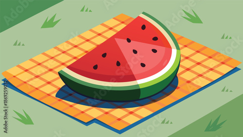 A vibrant watermelon slice resting on a colorful picnic blanket, inviting for a summer snack