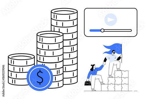 Finance, teamwork, leadership, digital content creation, investment profitability, online education. Stacked coins, a video player symbol and figures collaborating. Finance and teamwork
