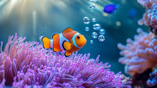 Vibrant clownfish darting among purple-tipped anemone tentacles, school of electric blue tangs swimming in background, sunbeams penetrating turquoise waters illuminating pink coral formations,