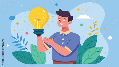 A man proudly displays a lit light bulb, representing creativity and innovative thinking