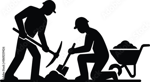 Two construction workers digging and wheelbarrow with materials