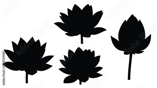 Four lotus flower shapes in black a minimalist botanical silhouette