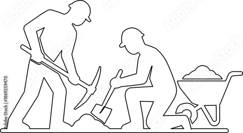 Two workers digging and wheelbarrow with soil outline illustration