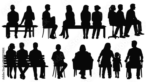 Diverse group of people seated and standing black and white silhouette