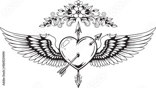 Winged Heart with Arrow Tattoo Vector – Classic Love & Freedom Symbol