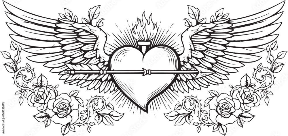 Fototapeta premium Winged Heart with Arrow Tattoo Vector – Classic Love & Freedom Symbol